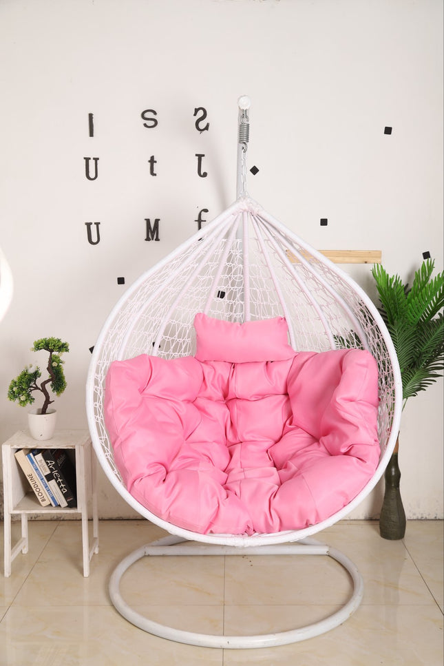 Hanging Egg Chair - White Basket & Pink Cushion