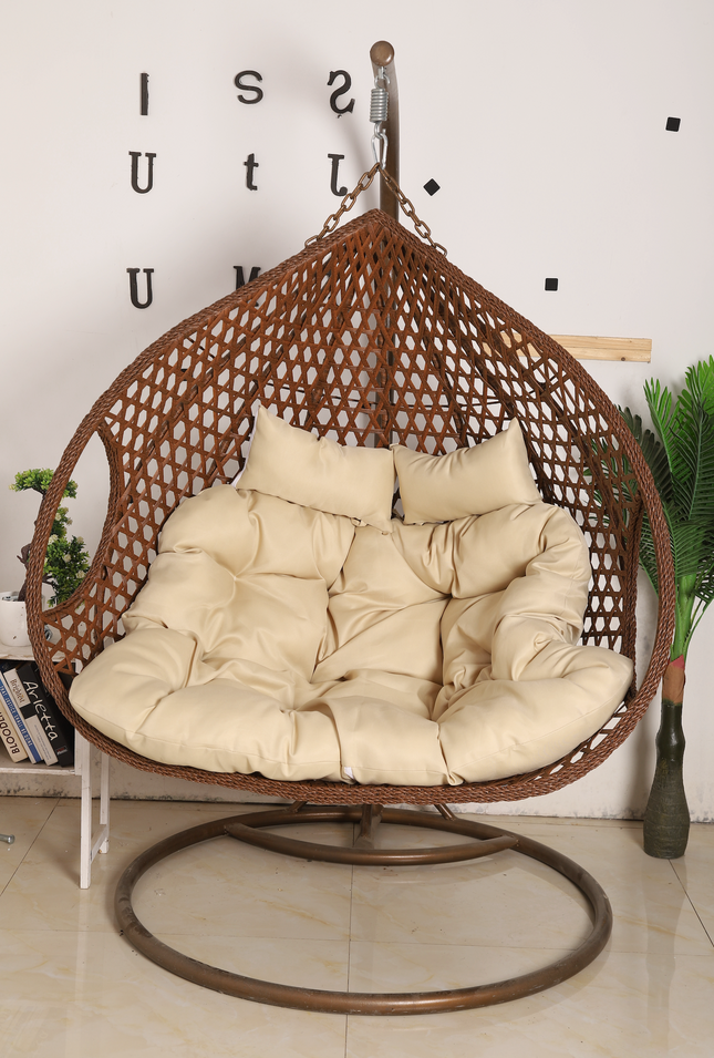 Double Seat Hanging Egg Chair Luxora Model - Brown Basket & Beige Cushion
