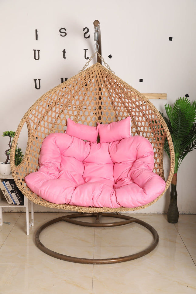Double Seat Hanging Egg Chair Luxora Model - Beige Basket & Pink Cushion