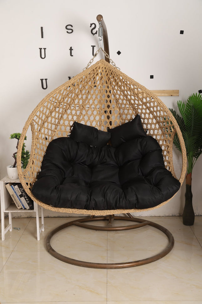 Double Hanging Egg Chair Luxora Model - Beige Basket & Black Cushion