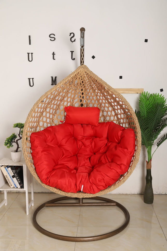 Hanging Egg Chair Luxora Model - Beige Basket & Red Cushion