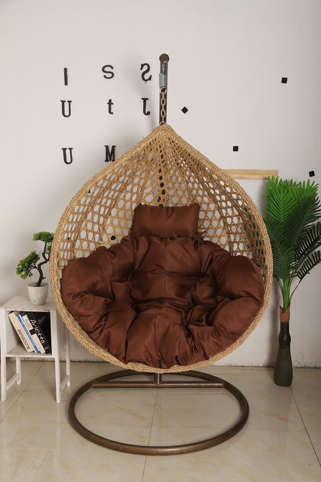 Hanging Egg Chair Luxora Model - Beige Basket & Brown Cushion