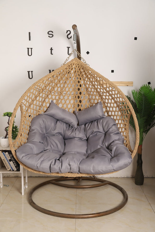 Double Seat Hanging Egg Chair Luxora Model - Beige Basket & Grey Cushion