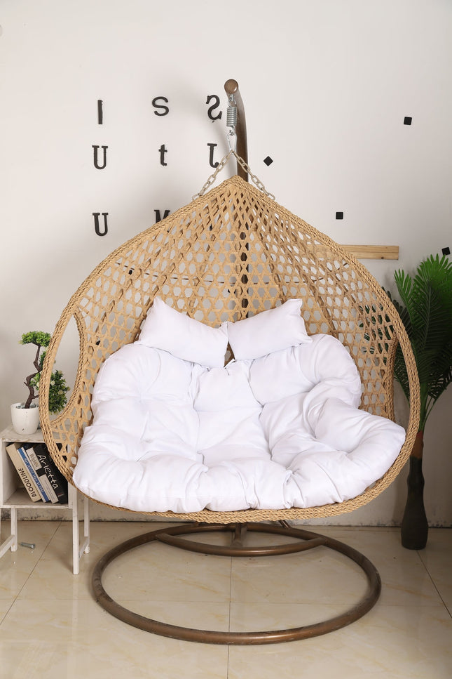 Double Seat Hanging Egg Chair Luxora Model - Beige Basket & White Cushion