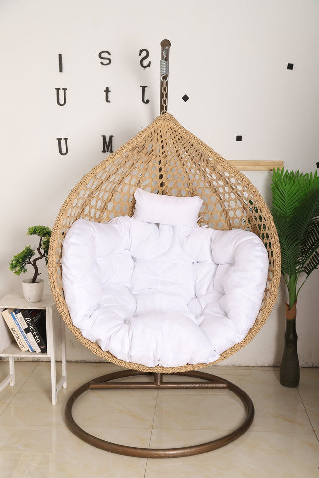 Hanging Egg Chair Luxora Model - Beige Basket & White Cushion