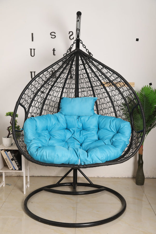 Hanging Egg Chair Double - Black Basket & Blue Cushion