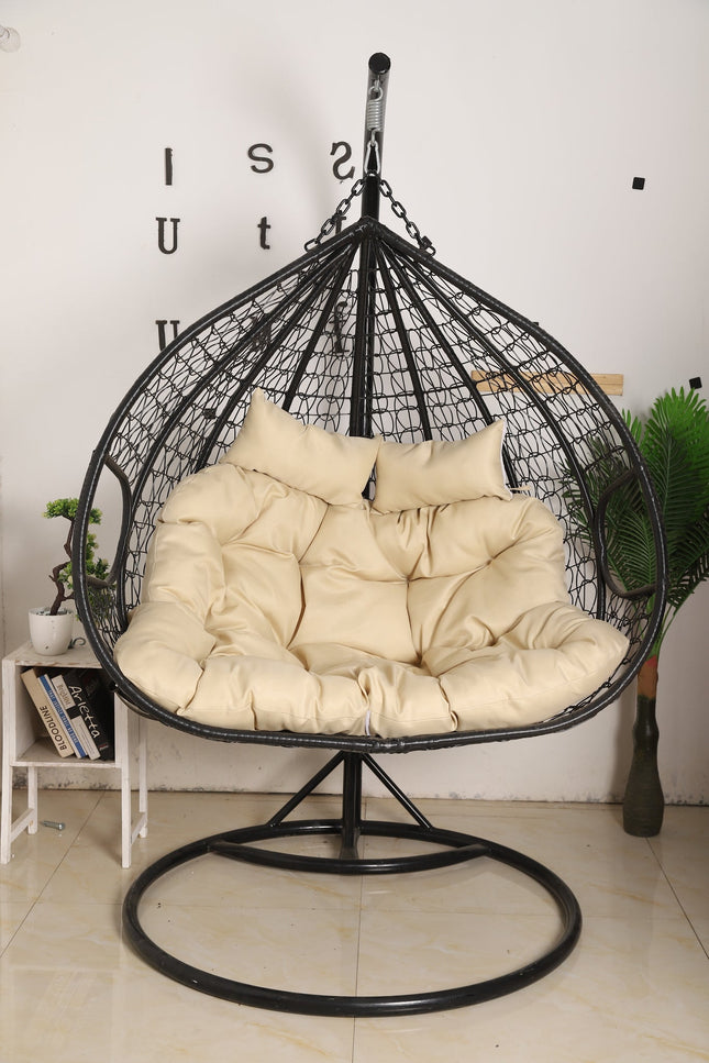 Hanging Egg Chair Double - Black Basket & Beige Cushion