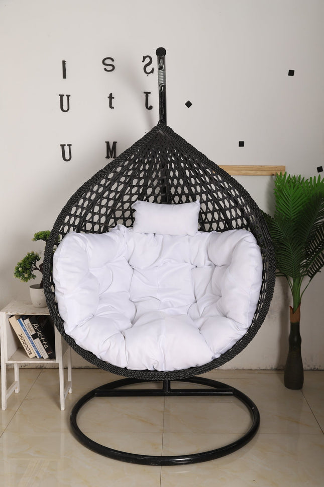 Hanging Egg Chair Luxora Model - Black Basket & White Cushion