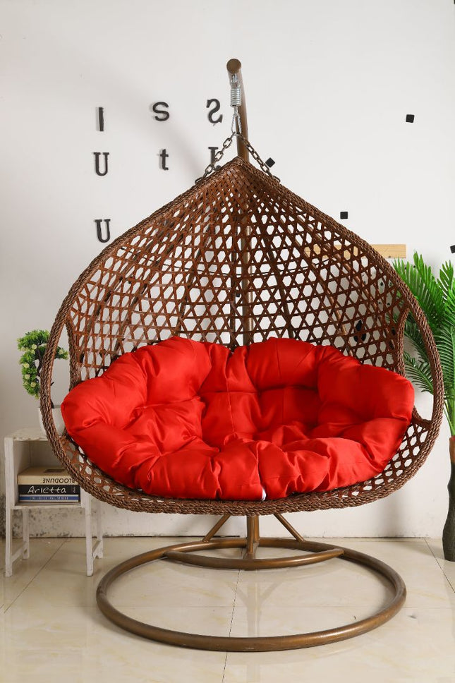 Double Seat Hanging Egg Chair Luxora Model - Brown Basket & Red Cushion