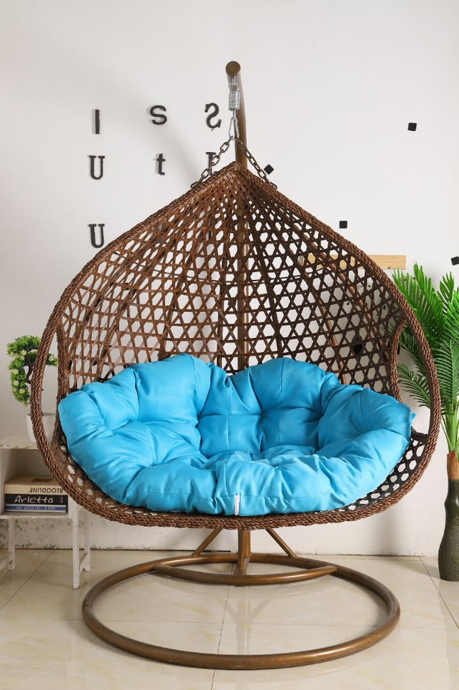 Double Seat Hanging Egg Chair Luxora Model - Brown Basket & Blue Cushion