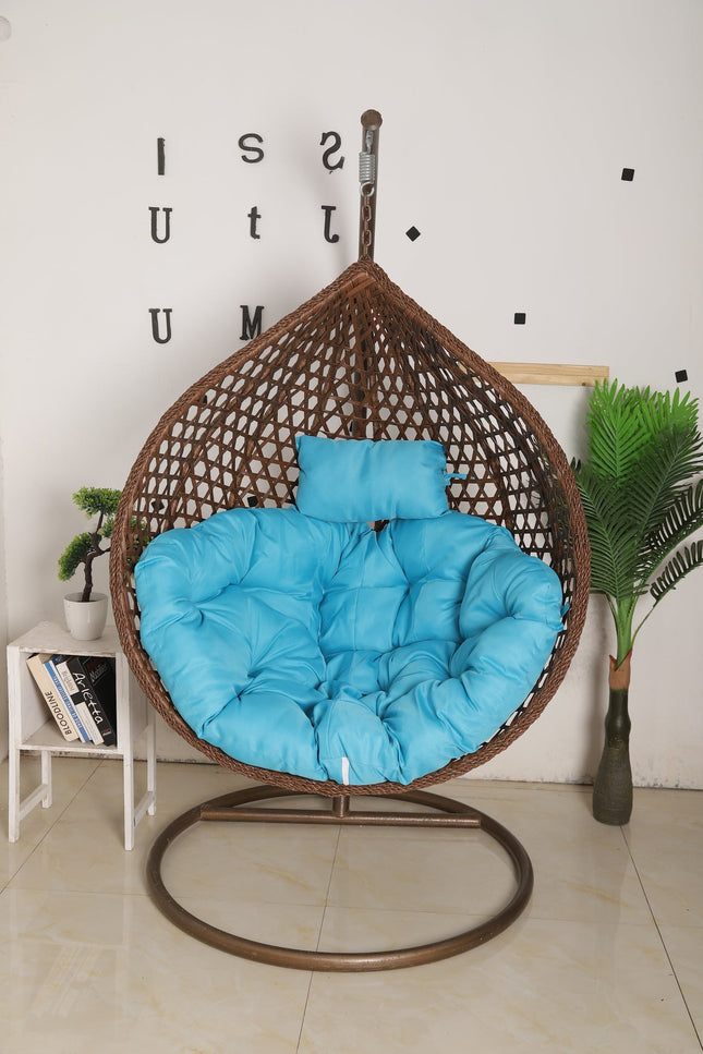 Hanging Egg Chair Luxora Model - Brown Basket & Blue Cushion