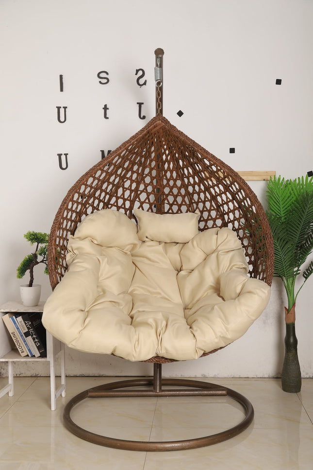 Hanging Egg Chair Luxora Model - Brown Basket & Beige Cushion