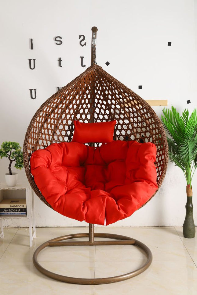 Hanging Egg Chair Luxora Model - Brown Basket & Red Cushion