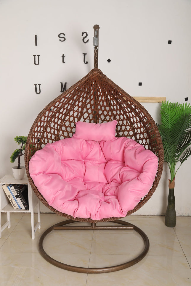 Hanging Egg Chair Luxora Model - Brown Basket & Pink Cushion