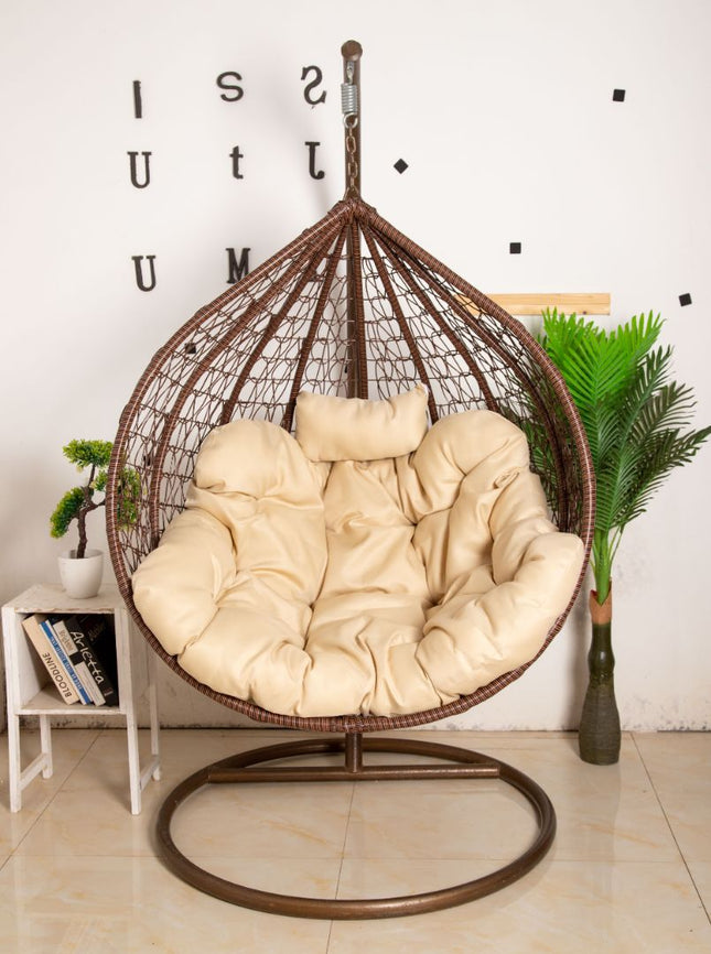 Hanging Egg Chair - Brown Basket & Beige Cushion