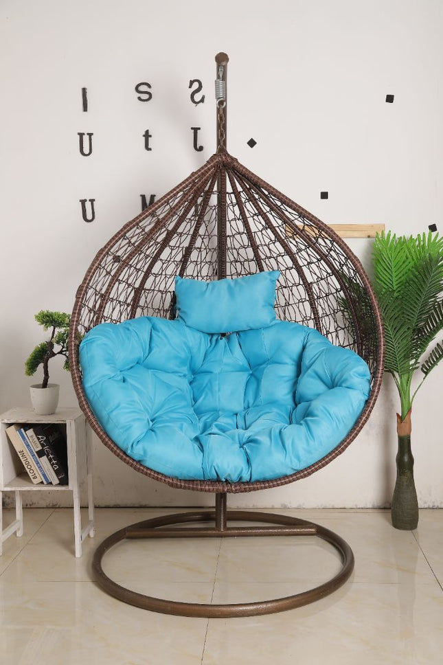 Hanging Egg Chair - Brown Basket & Blue Cushion