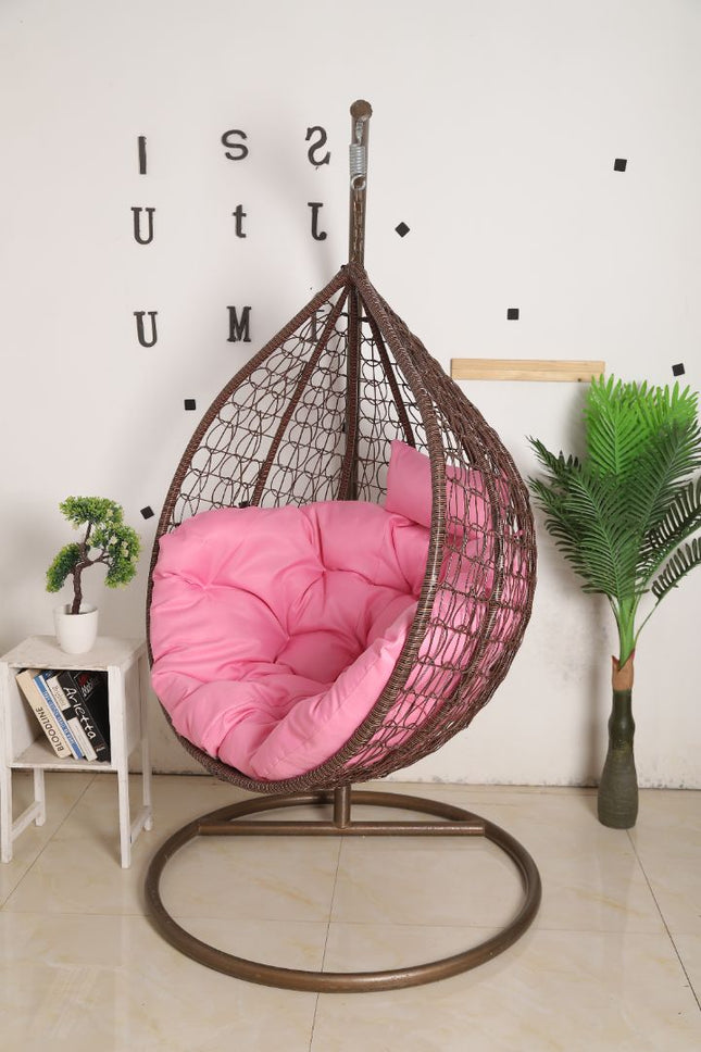 Hanging Egg Chair - Brown Basket & Pink Cushion