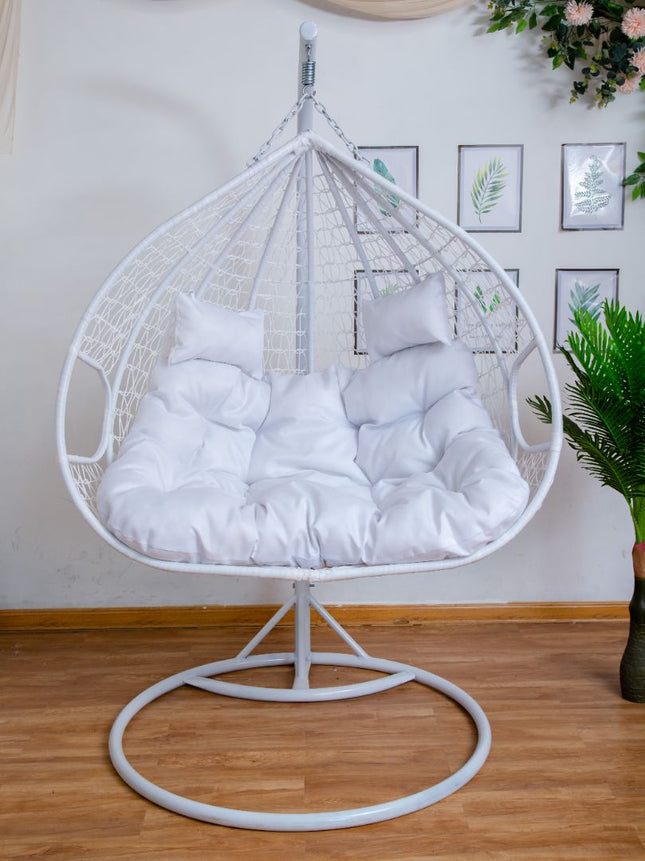 Hanging Egg Chair Double -  White Basket & White Cushion