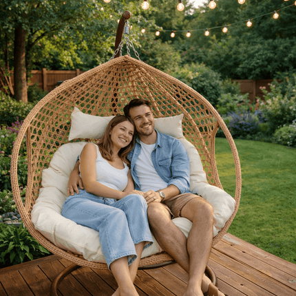 Double Hanging Egg Chair Luxora Model - Beige Basket & Beige Cushion