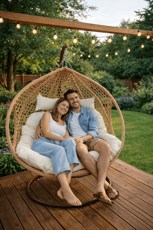 Double Hanging Egg Chair Luxora Model - Beige Basket & Beige Cushion