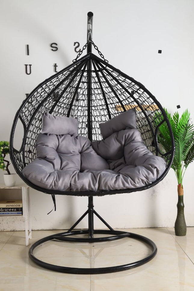 Hanging Egg Chair Double - Black Basket & Grey Cushion