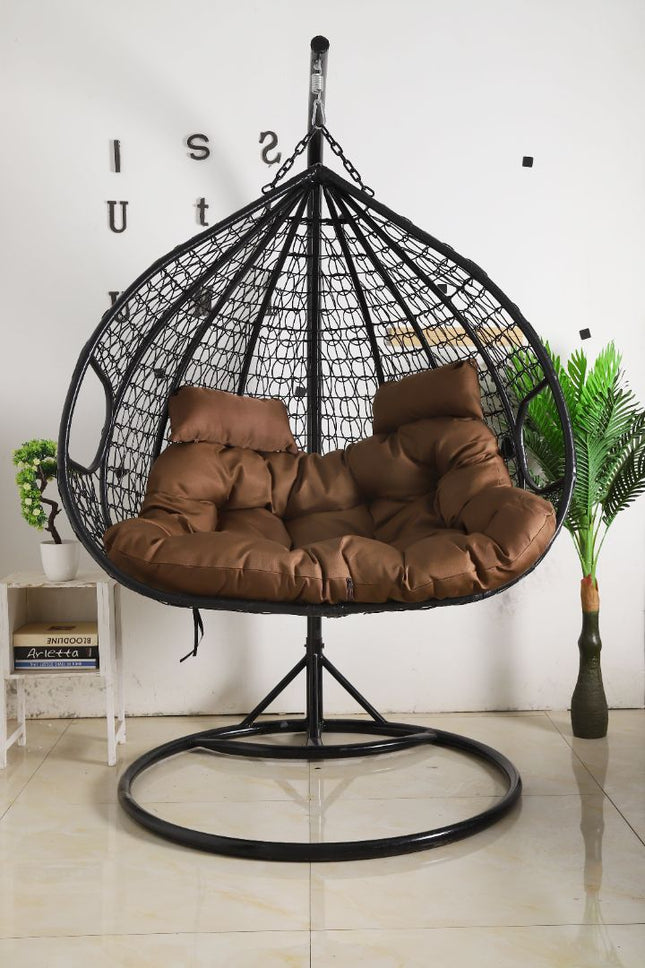 Hanging Egg Chair Double - Black Basket & Brown Cushion