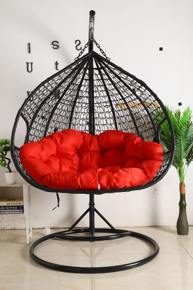 Hanging Egg Chair Double -  Black Basket & Red Cushion