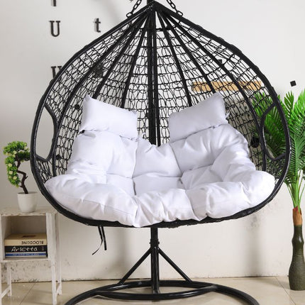 Hanging Egg Chair Double -  Black Basket & White Cushion