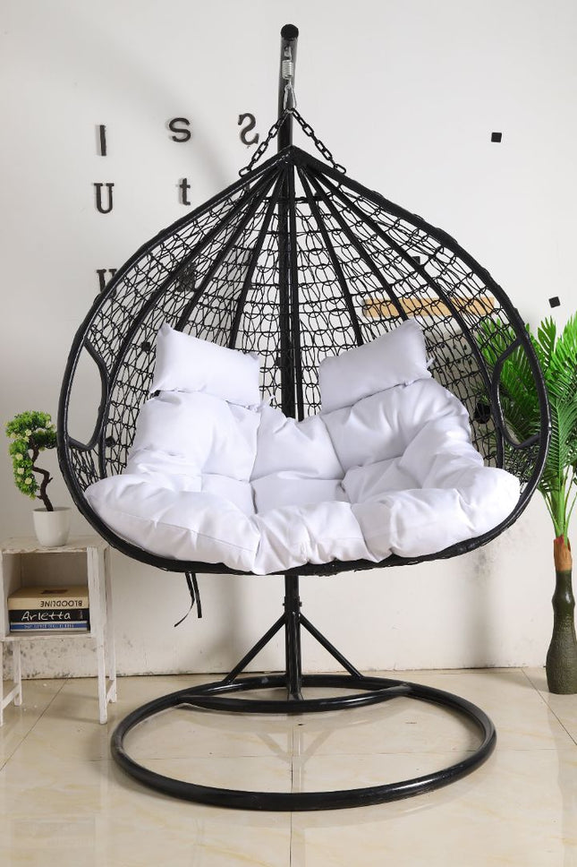 Hanging Egg Chair Double -  Black Basket & White Cushion