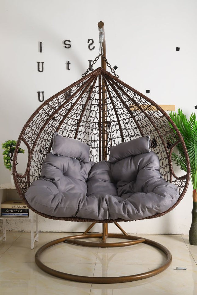 Hanging Egg Chair Double - Brown Basket & Grey Cushion