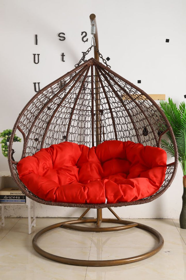 Hanging Egg Chair Double - Brown Basket & Red Cushion