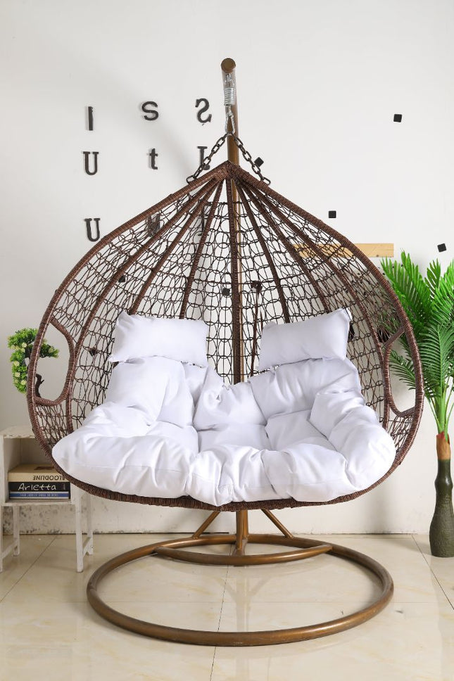 Hanging Egg Chair Double -  Brown Basket & White Cushion