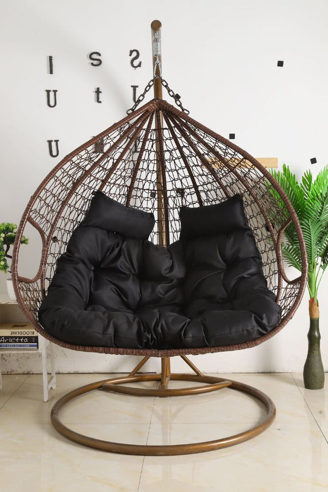 Hanging Egg Chair Double -  Brown Basket & Black Cushion
