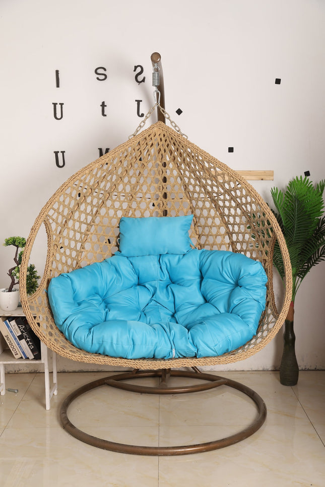 Double Hanging Egg Chair Luxora Model - Beige Basket & Blue Cushion