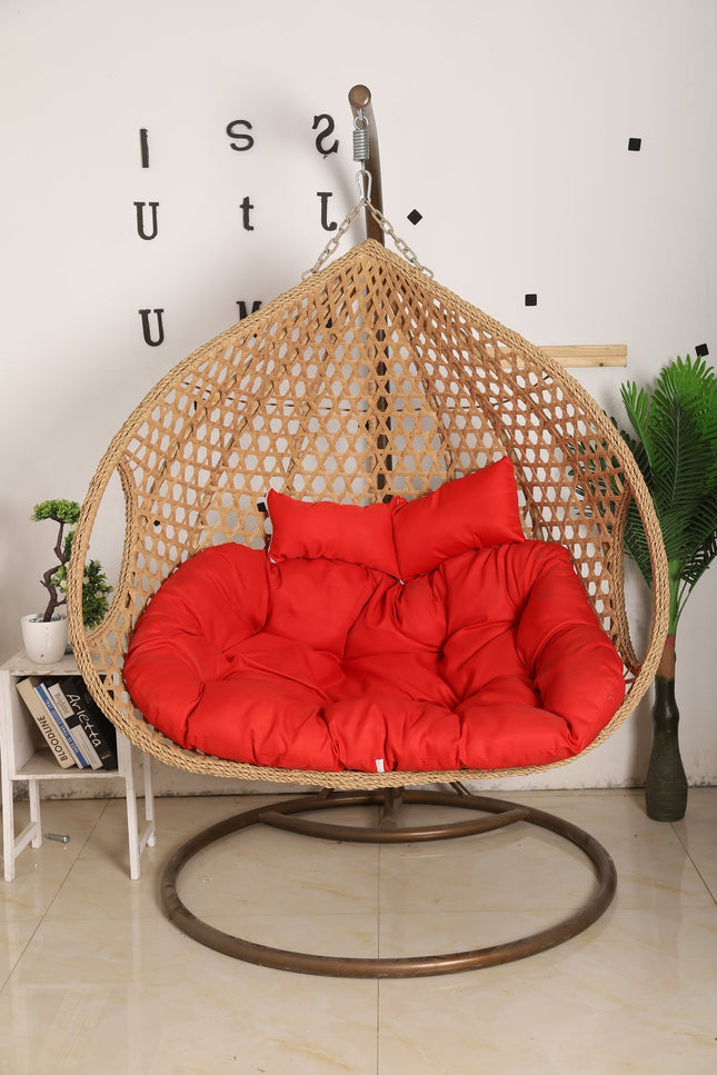 Double Seat Hanging Egg Chair Luxora Model - Beige Basket & Red Cushion