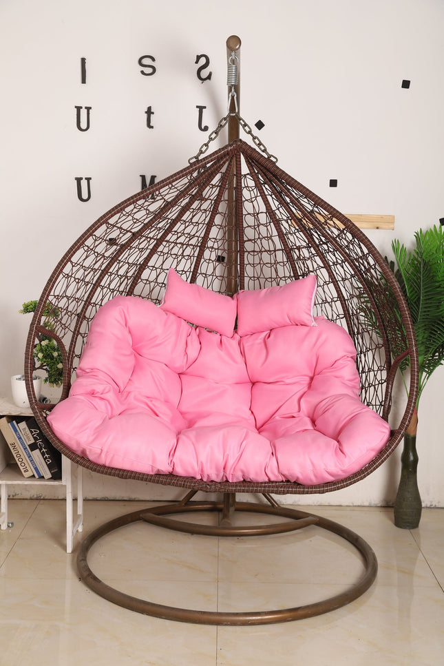 Hanging Egg Chair Double - Brown Basket & Pink Cushion