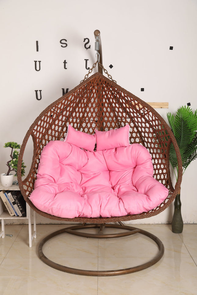 Double Seat Hanging Egg Chair Luxora Model - Brown Basket & Pink Cushion