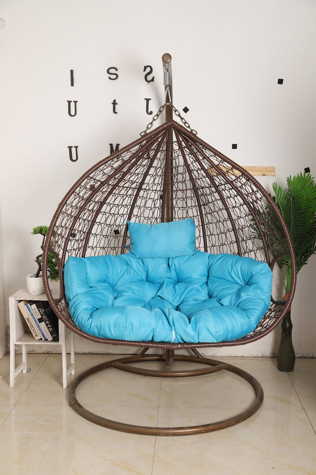 Hanging Egg Chair Double - Brown Basket & Blue Cushion