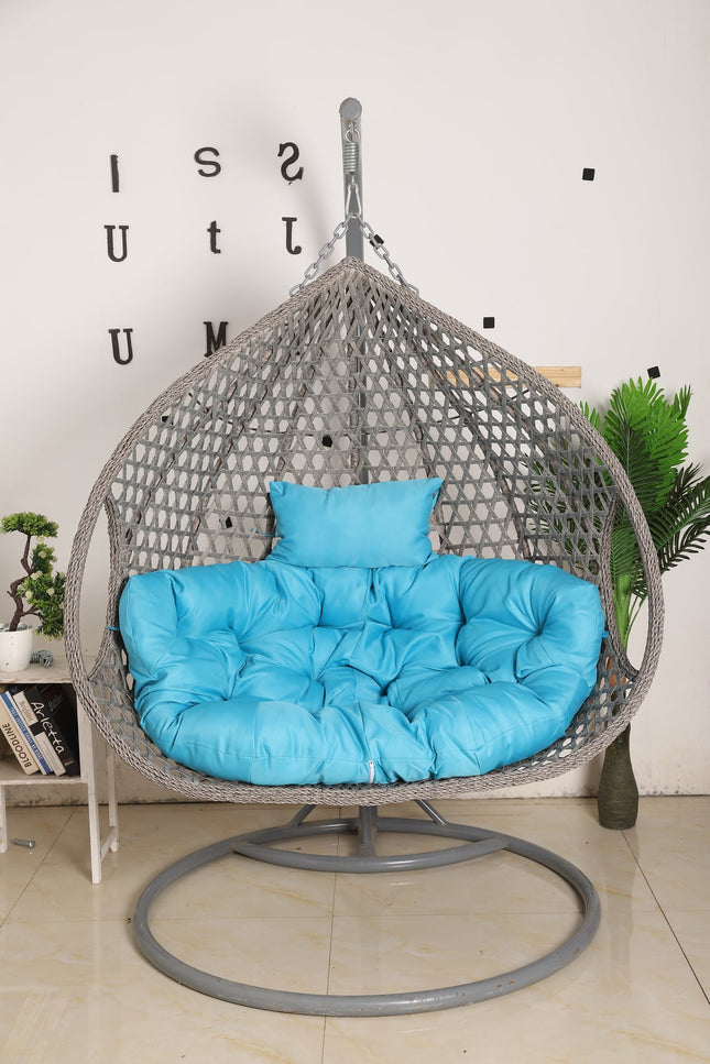 Double Hanging Egg Chair Luxora Model - Grey Basket & Blue Cushion
