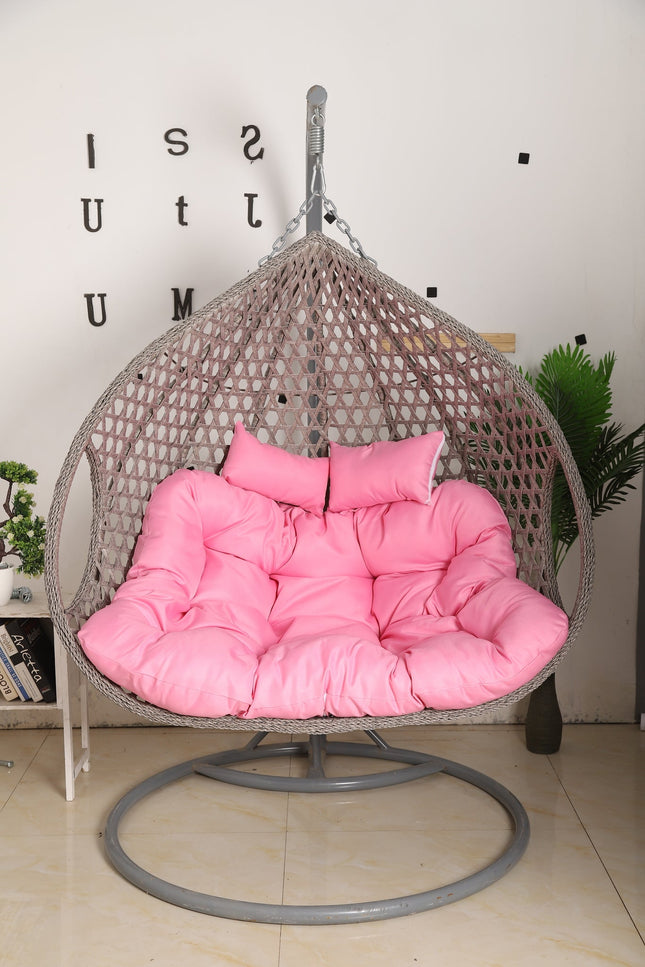 Double Hanging Egg Chair Luxora Model - Grey Basket & Pink Cushion