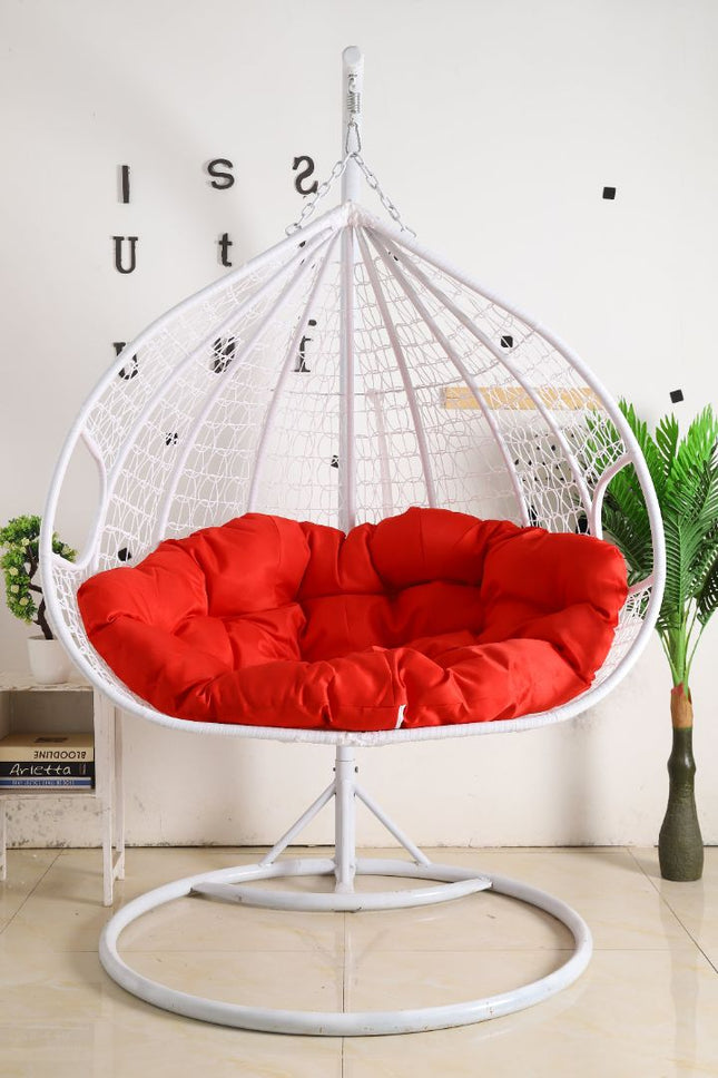 Hanging Egg Chair Double -  White Basket & Red Cushion