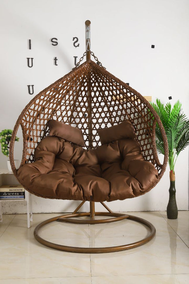 Double Seat Hanging Egg Chair Luxora Model - Brown Basket & Brown Cushion