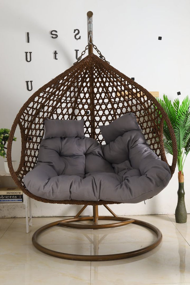 Double Hanging Egg Chair Luxora - Brown Basket & Grey Cushion