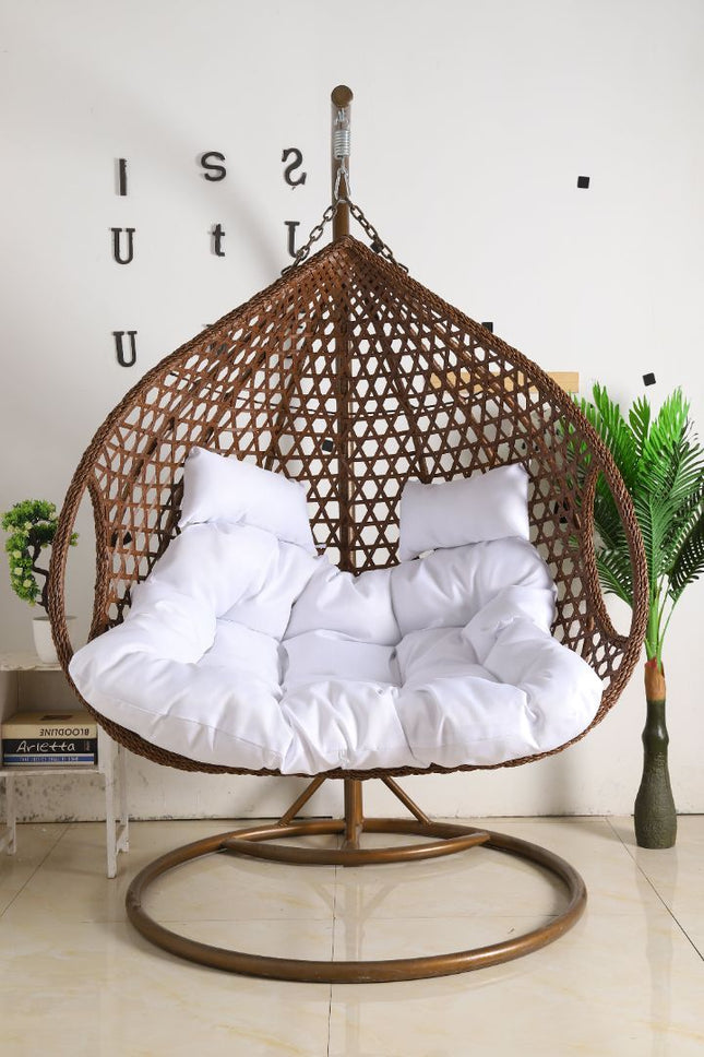 Double Seat Hanging Egg Chair Luxora Model - Brown Basket & White Cushion