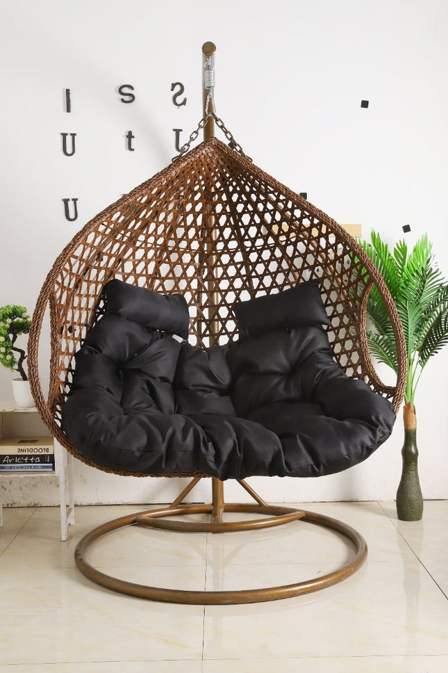 Double Seat Hanging Egg Chair Luxora Model - Brown Basket & Black Cushion