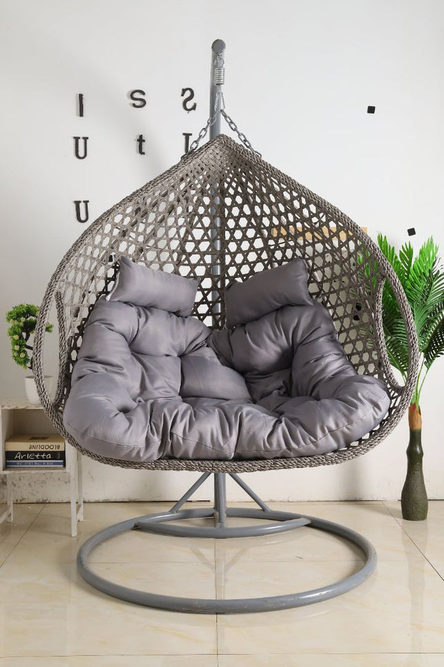 Double Seat Hanging Egg Chair Luxora - Grey Basket & Grey Cushion