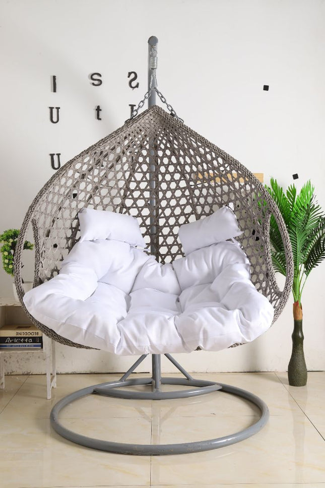 Double Hanging Egg Chair Luxora Model - Grey Basket & White Cushion