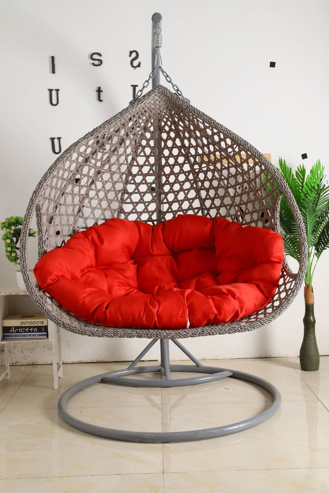 Double Hanging Egg Chair Luxora Model - Grey Basket & Red Cushion