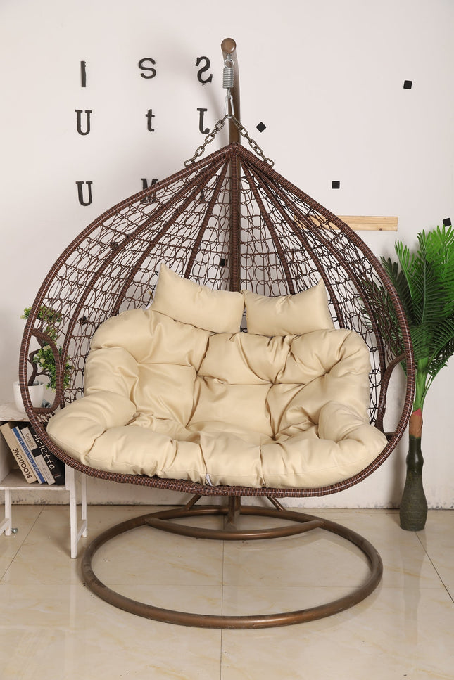 Hanging Egg Chair Double - Brown Basket & Beige Cushion