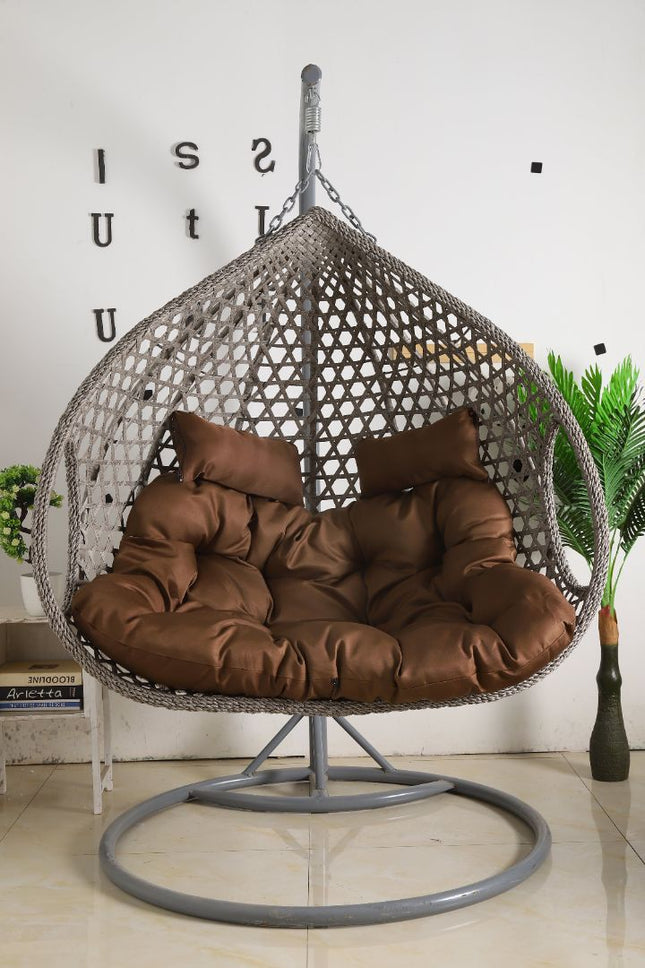 Double Hanging Egg Chair Luxora Model - Grey Basket & Brown Cushion